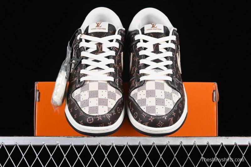 Nike SB Dunk Low LV Collaboration - Checkerboard Brown Monogram White Swoosh Anniversary High-End Custom Low-Top Casual Skate Shoes - SJ2068-255
