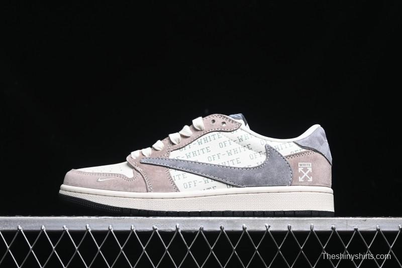 Nike Travis Scott x Fragment Design x Air Jordan 1 Low OG SP AJ1 OF Collaboration - Latte Grey Low Top Casual Sneakers - SJ2068-109