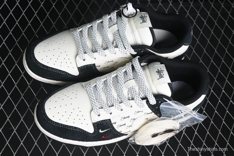 Nike SB Dunk Low Stussy Collaboration - Black White Mini Swoosh Anniversary Custom Low-Top Casual Skate Shoes - XY1688-017