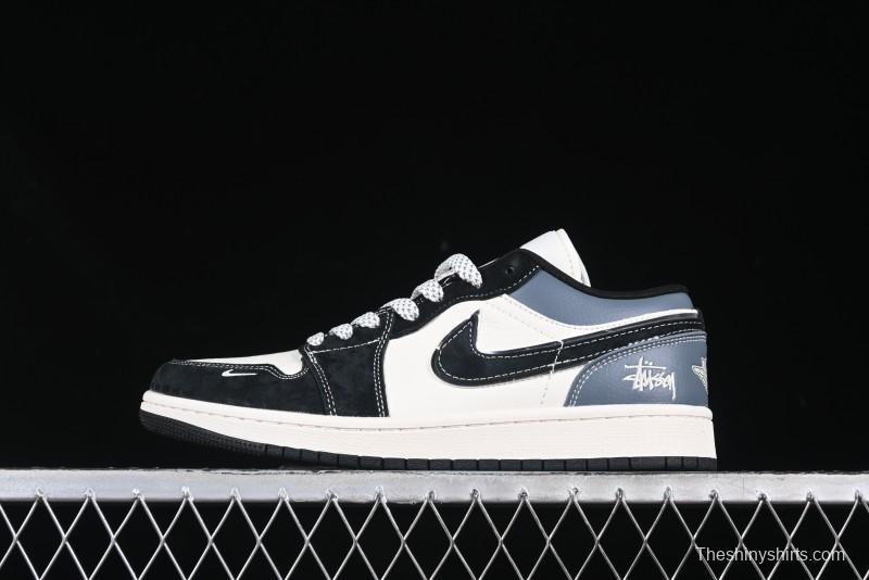 Nike Air Jordan 1 Low OG SP AJ1 Stussy Collaboration Black Grey Blue Black Swoosh Low Top Casual Sneakers - XX3318-502