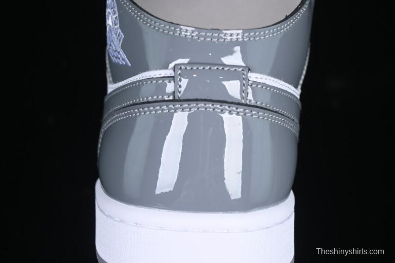 Nike Air Jordan 1 Mid AJ1 High-Top Basketball Shoes in White Grey Patent Leather - HF3216-100
