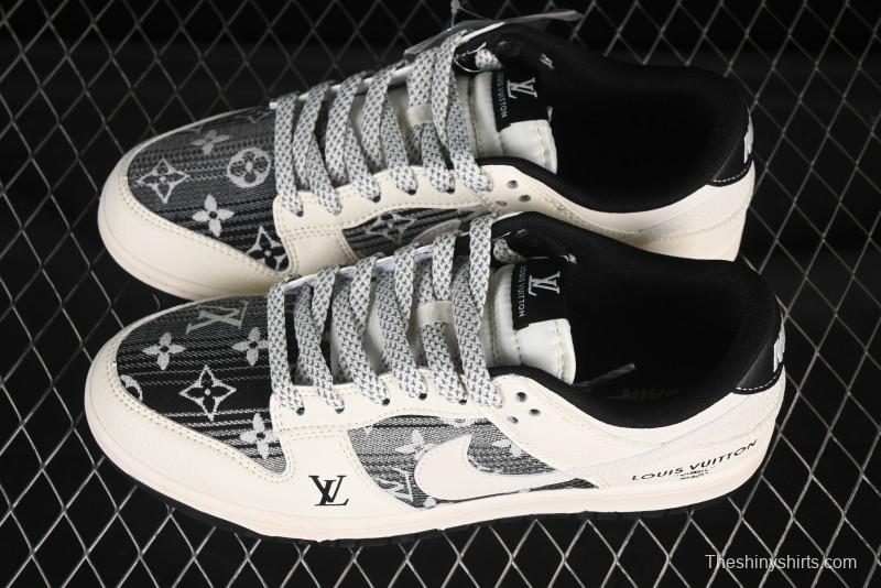 Nike SB Dunk Low LV Collaboration Black White Woven Fabric White Swoosh Anniversary High-End Custom Low-Top Casual Skate Shoes - FC1688-229