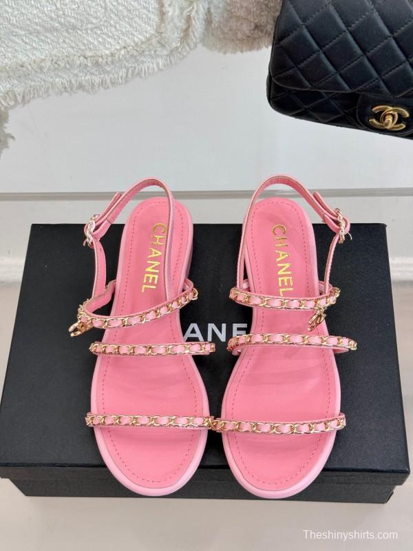 2025 Women Chanel Pink Leather Chain Strap Sandals