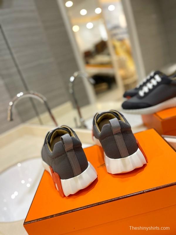 2024 Unisex Hermès Black Gray Imported Calfskin Rainproof Fabric Sneakers MJ00320