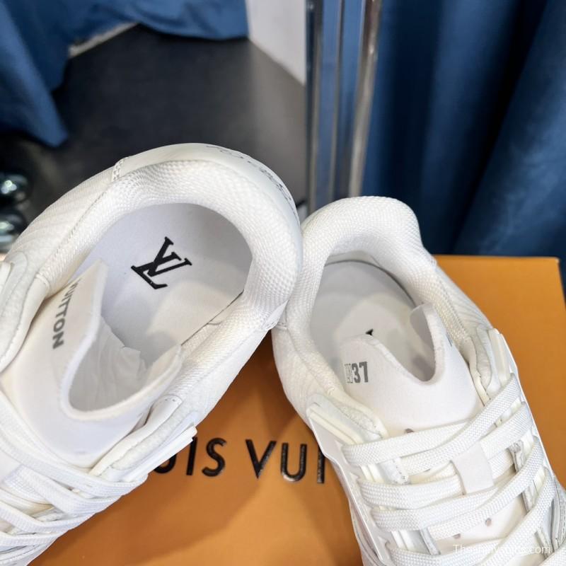 2025 Unisex Louis Vuitton White Calf Leather Mesh Trainer TPU Plimsolls Goodyear Welt