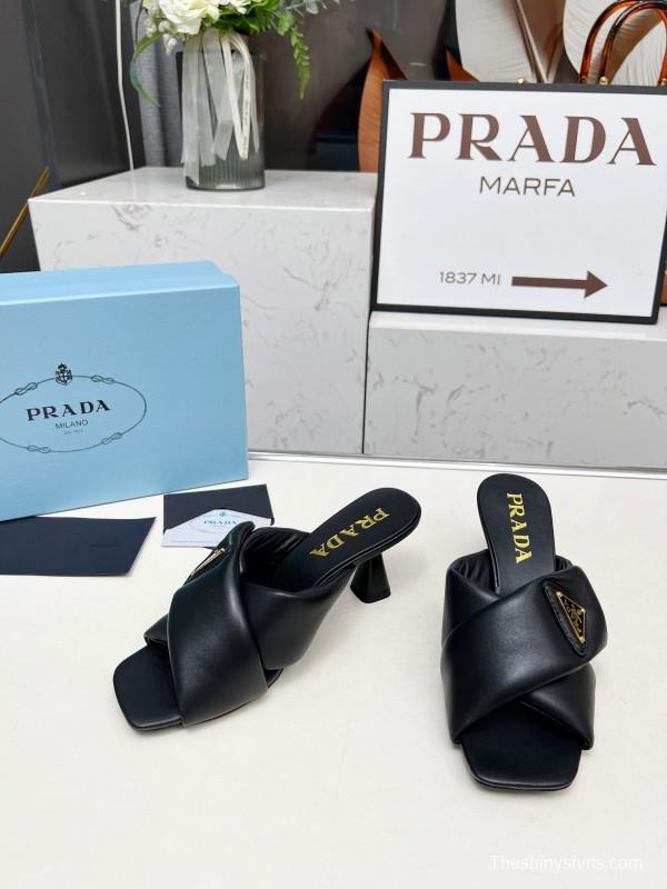 2025 Women Prada Black Soft Leather High Heel Mules KFY00270