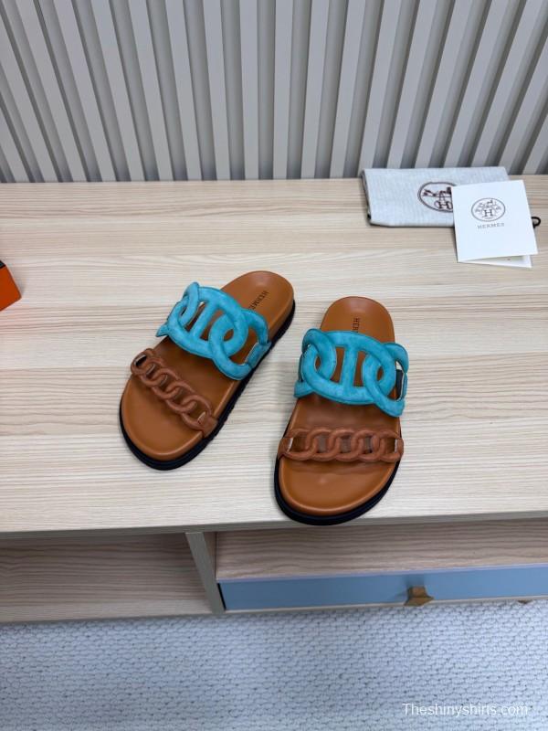 2025 Slippers Hermès Blue Brown Leather Slippers