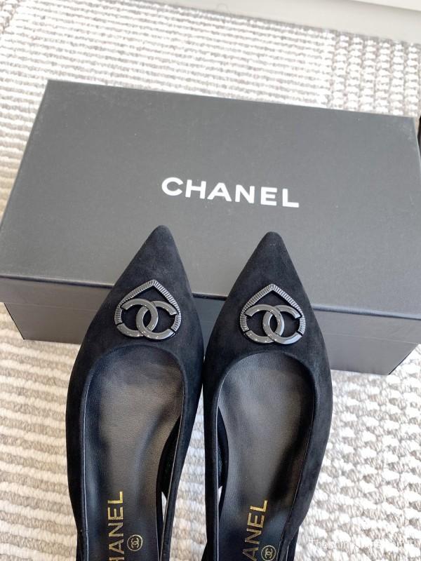 2025 Women Chanel Black Suede Slingback Heart Logo Flats KFY00300