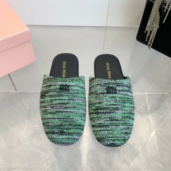 2025 Miu Miu Green Black Fabric Slippers