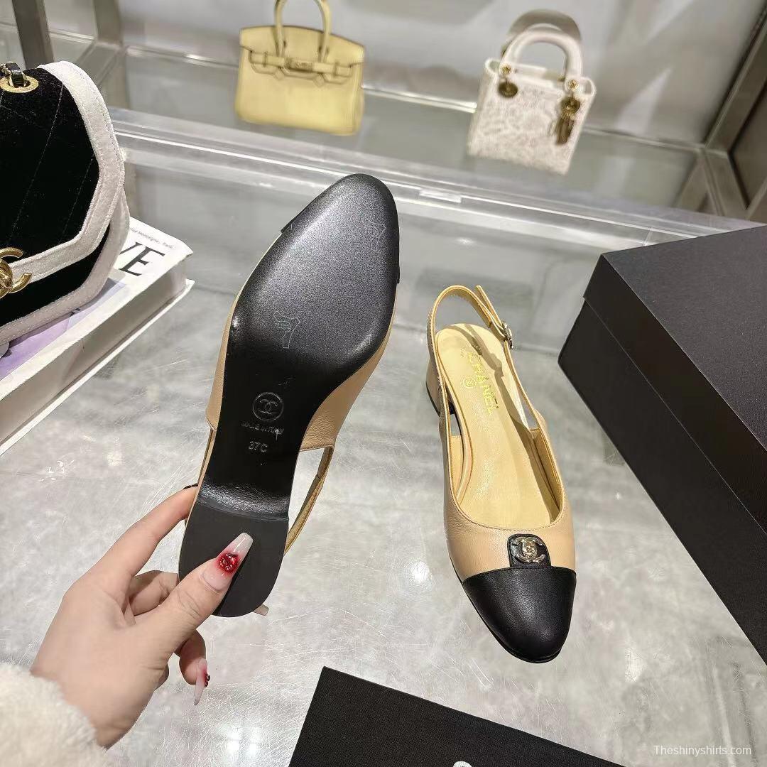 2025 Women Chanel Beige Black Leather Slingback Sandals LY00300