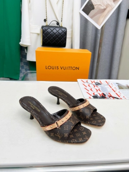2025 Women Louis Vuitton Brown Leather Kitten Heel Mules LY00260