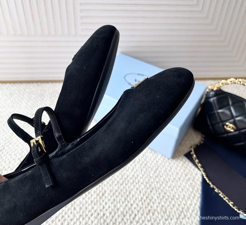 2025 Women Prada Black Suede Mary Jane Ballet Flat