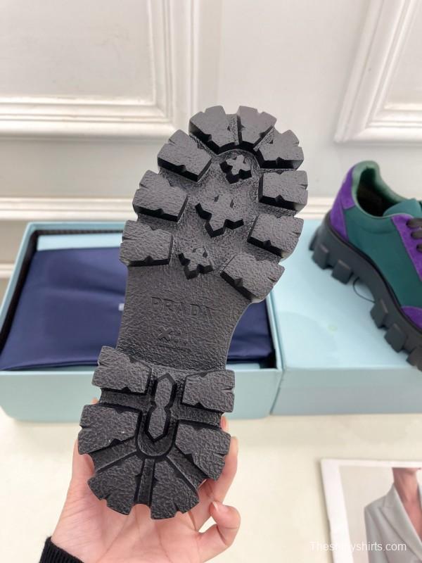 2025 Unisex Prada Purple Green Suede Silk Sneakers KFY00310(F)/KFY00330(M)