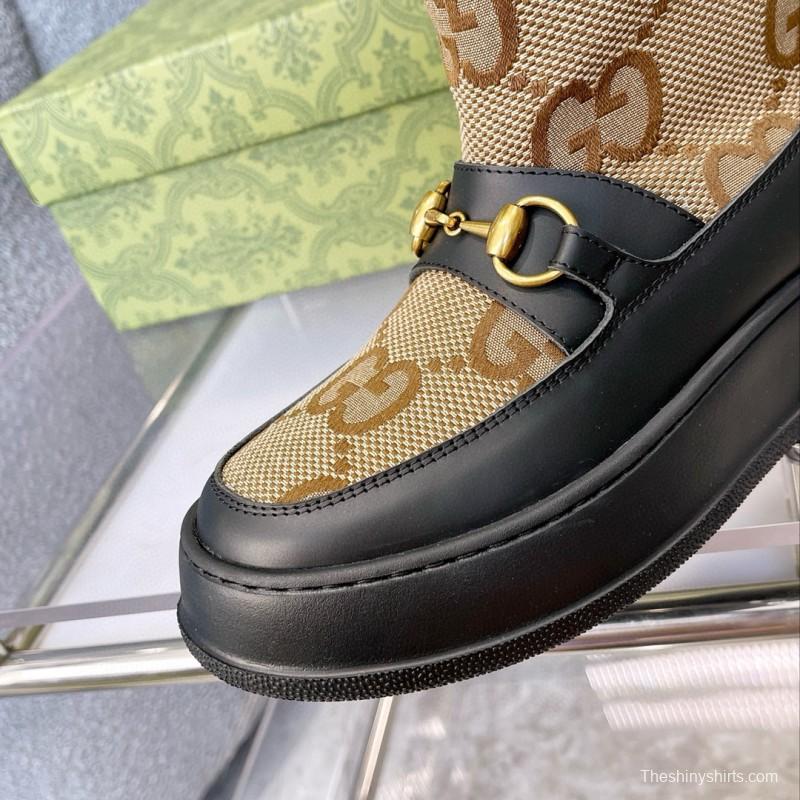 2024 Women Gucci Beige Brown Leather Shearling Snow Boots MJ00420