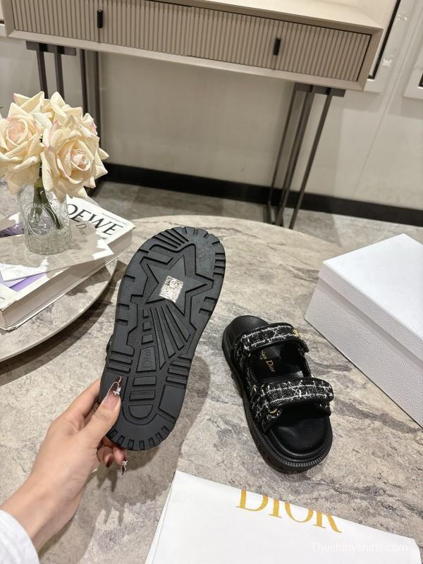 2025 Women Dior Black White Fabric Leather Sandals KFY00300