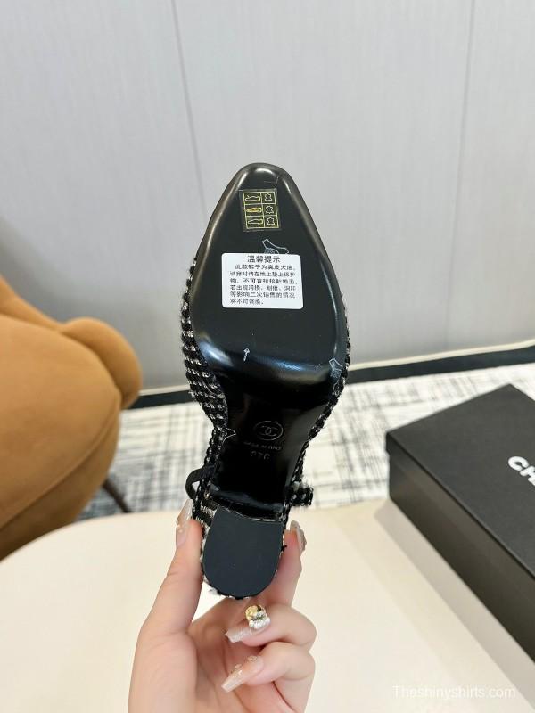 2025 Women Chanel Black White Tweed Leather Slingback Pumps