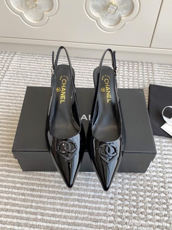 2025 Women Chanel Black Patent Leather Slingback Pumps Heart CC KFY00300