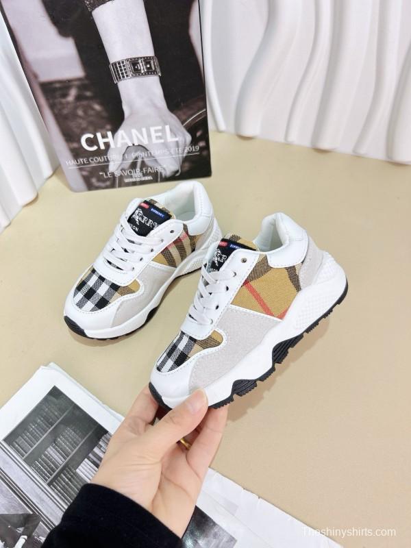 2024 Kids BURBERRY Beige White Black Leather Fabric Sneakers