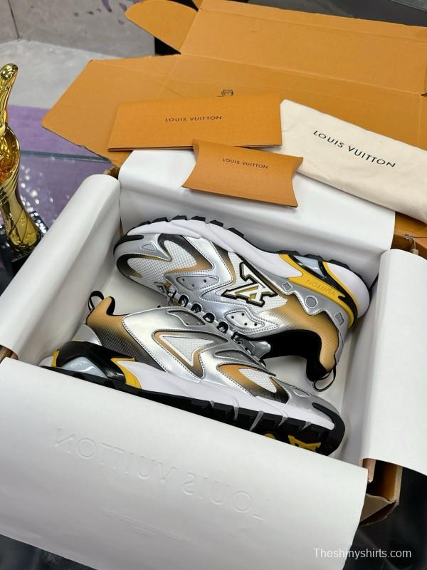 2025 Men Louis Vuitton Gradient Yellow White Leather Mesh Sneakers MJ00420