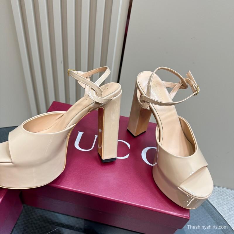 2025 Women Gucci Beige Leather Platform Sandals KFY00340