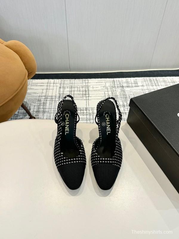 2025 Women Chanel Black White Tweed Leather Slingback Pumps