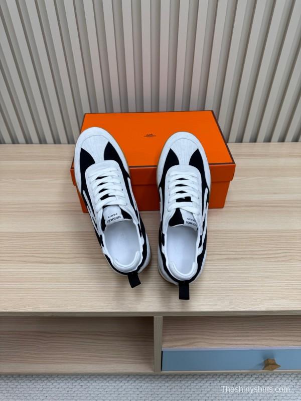 2025 Unisex Hermès White Black Suede Goat Leather Sneakers Top Version KFY00300