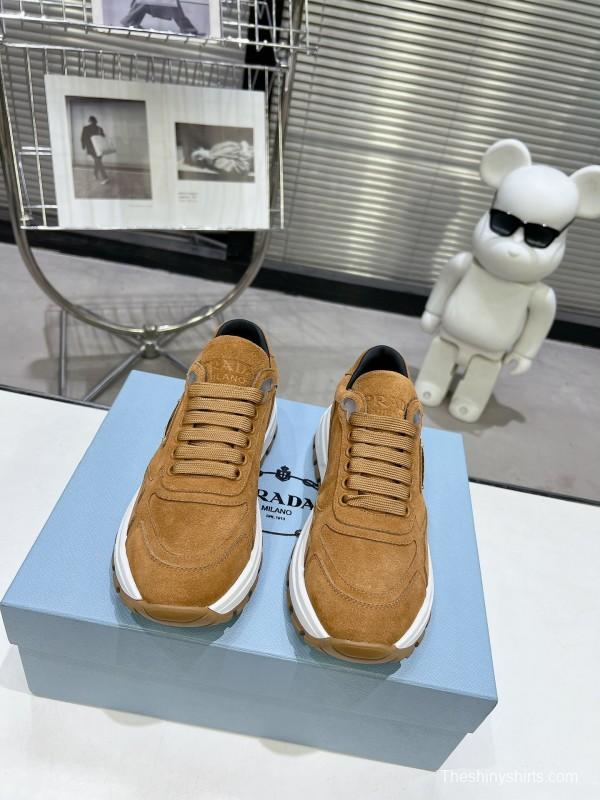 2025 Unisex Prada Brown Suede Leather Sneakers KFY00310
