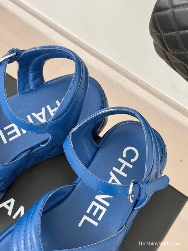 2025 Women Chanel Blue Leather Platform Sandals