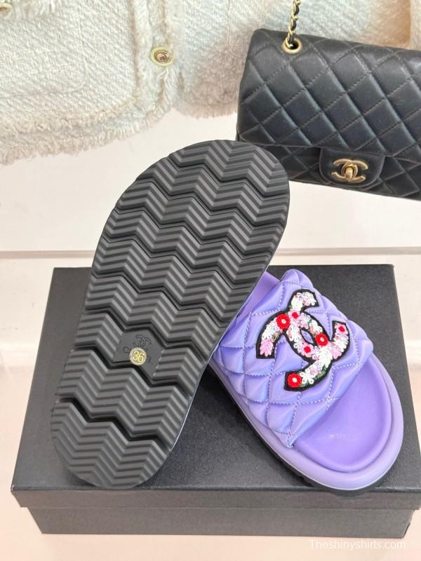2025 Slippers Chanel Purple Quilt Embroidery
