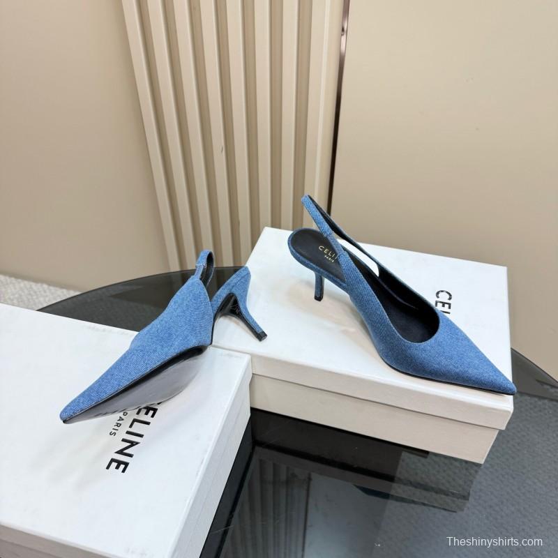 2025 Women CELINE Blue Denim Slingback Heels