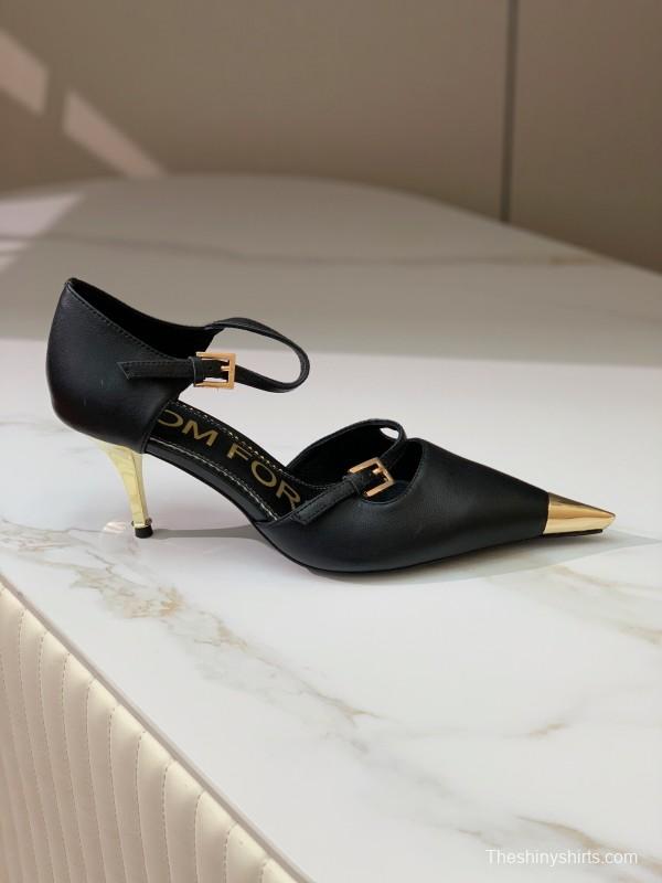 2025 Women TOM FORD Black Gold Leather Heels Metal Toe KFY00320