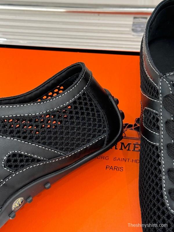 2025 Women Hermès Black Mesh Leather Sneakers