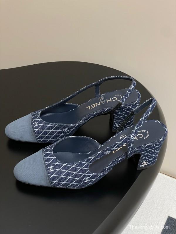 2025 Women Chanel Blue Denim Leather Sling-back Heels