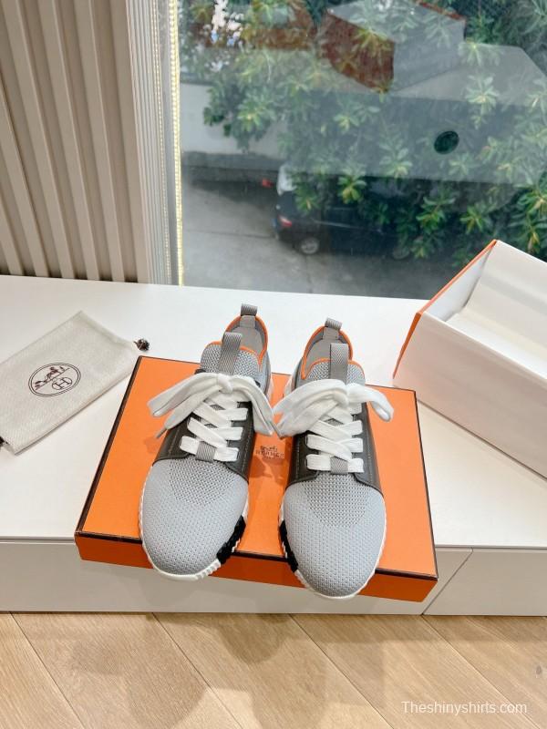 2024 Unisex Hermès Beige Grey Orange Black Leather Suede Knit Sneakers MJ00290