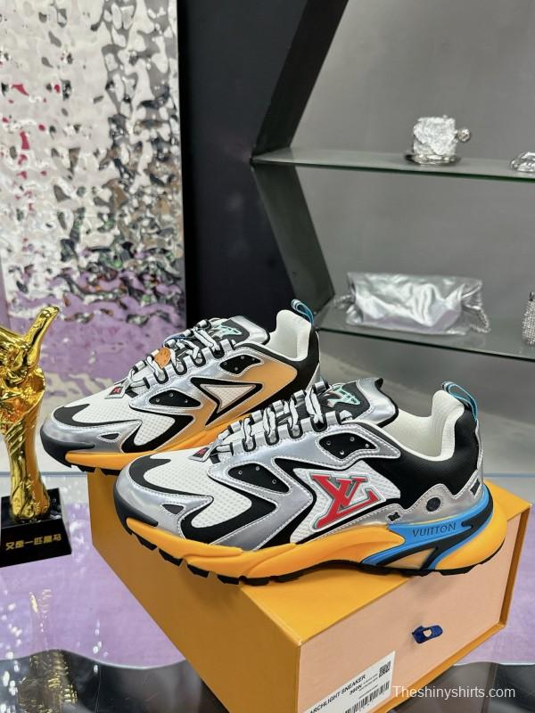 2025 Men Louis Vuitton White Black Blue Leather Mesh Sneakers MJ00420