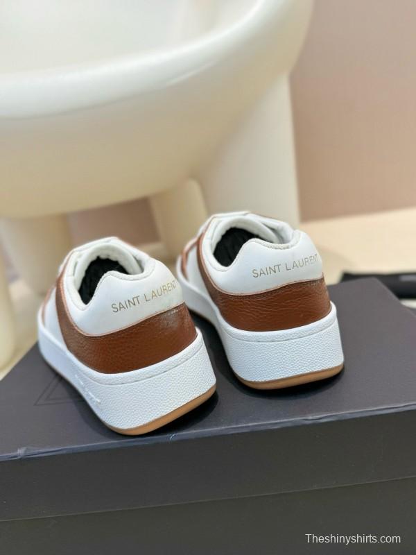 2024 Unisex Yves Saint Laurent White Brown Leather Canvas Sneakers MJ00350