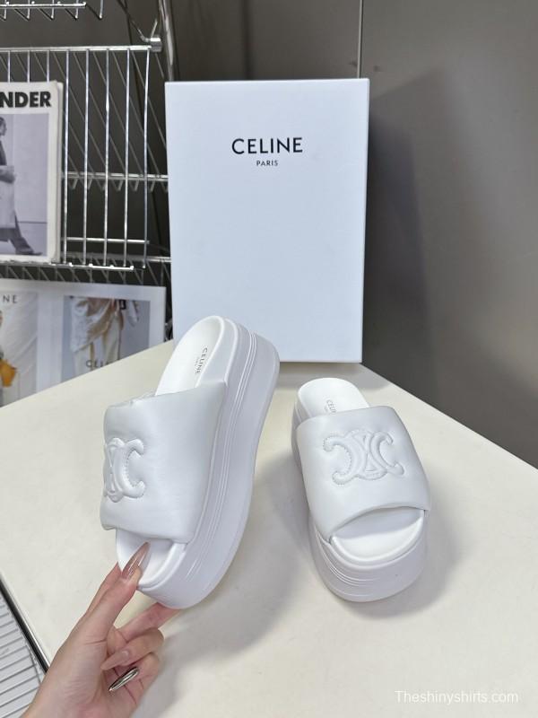 2025 Women Celine White Leather Slippers LY00240