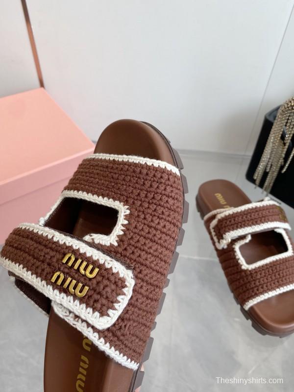 2025 Miu Miu Brown White Crochet Slippers KFY00290