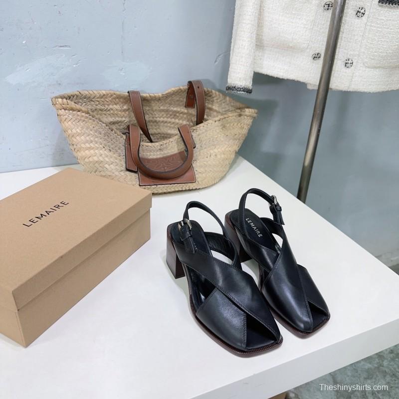 2025 Women Lemaire Black Leather Block Heel Sandals