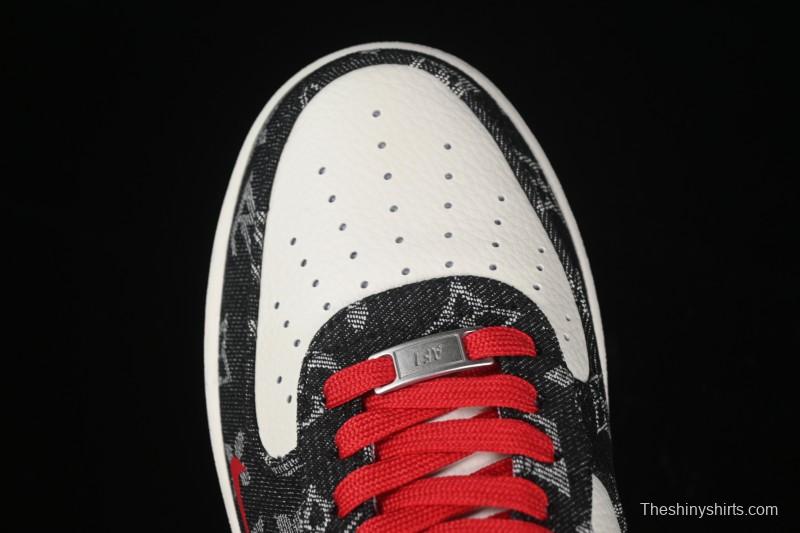 Nike Air Force 1 '07 Low LV Collaboration Black Denim Red Swoosh Casual Sneakers - LW9279-001