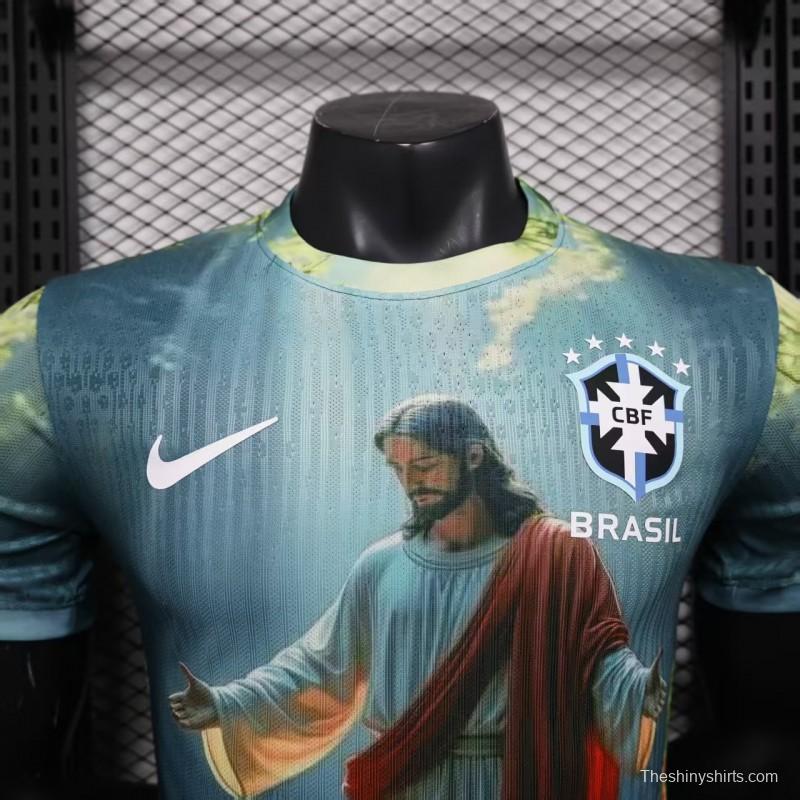 Player Version 2025 Brazil Light Blue with Jesus Christ Religious Artwork Jersey