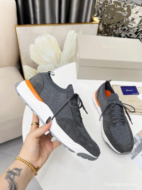 2025 Unisex Santoni Grey Orange Wool Blend Knit Sneakers AS00320