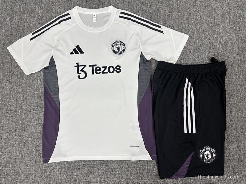 25/26 Kids Manchester United White Purple Short Sleeve+Soccer Shorts