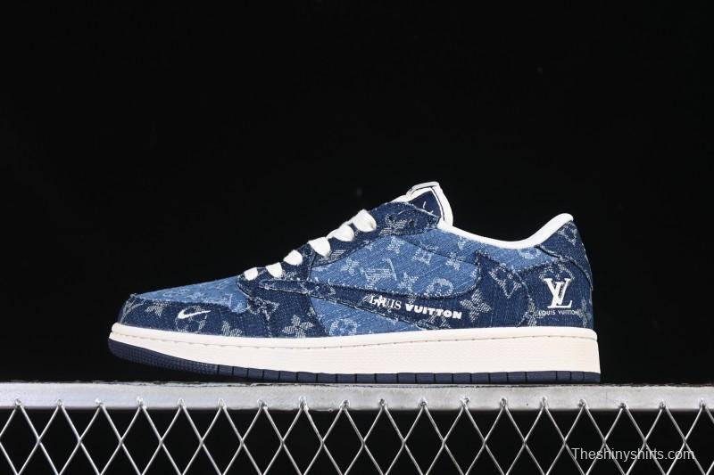 Nike Travis Scott x Fragment Design x Air Jordan 1 Low OG SP AJ1 Low-top Casual Sneakers with Washed Denim Blue Print - XD0798-312